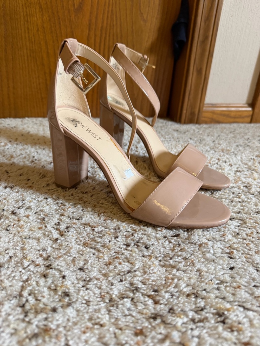 Nine West Blush Patent Block Heel Sandals with Ankle Strap